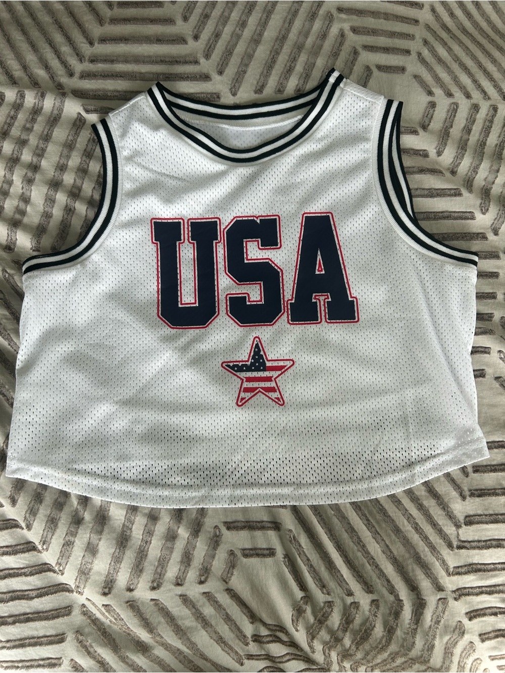 ✨White USA Mesh Crop Jersey Tank with Navy and Red Accents